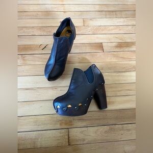 Flogg leather wooden bottoms heeded studded wooden booties